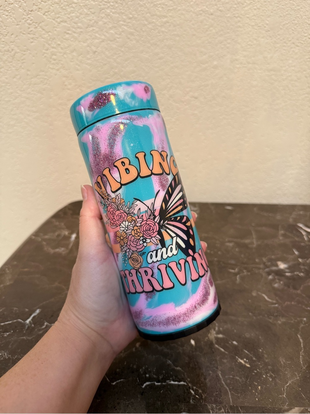 Butterfly Pastels Pink Blue Vibin Thrivin 12 oz Skinny Can Cooler Handmade